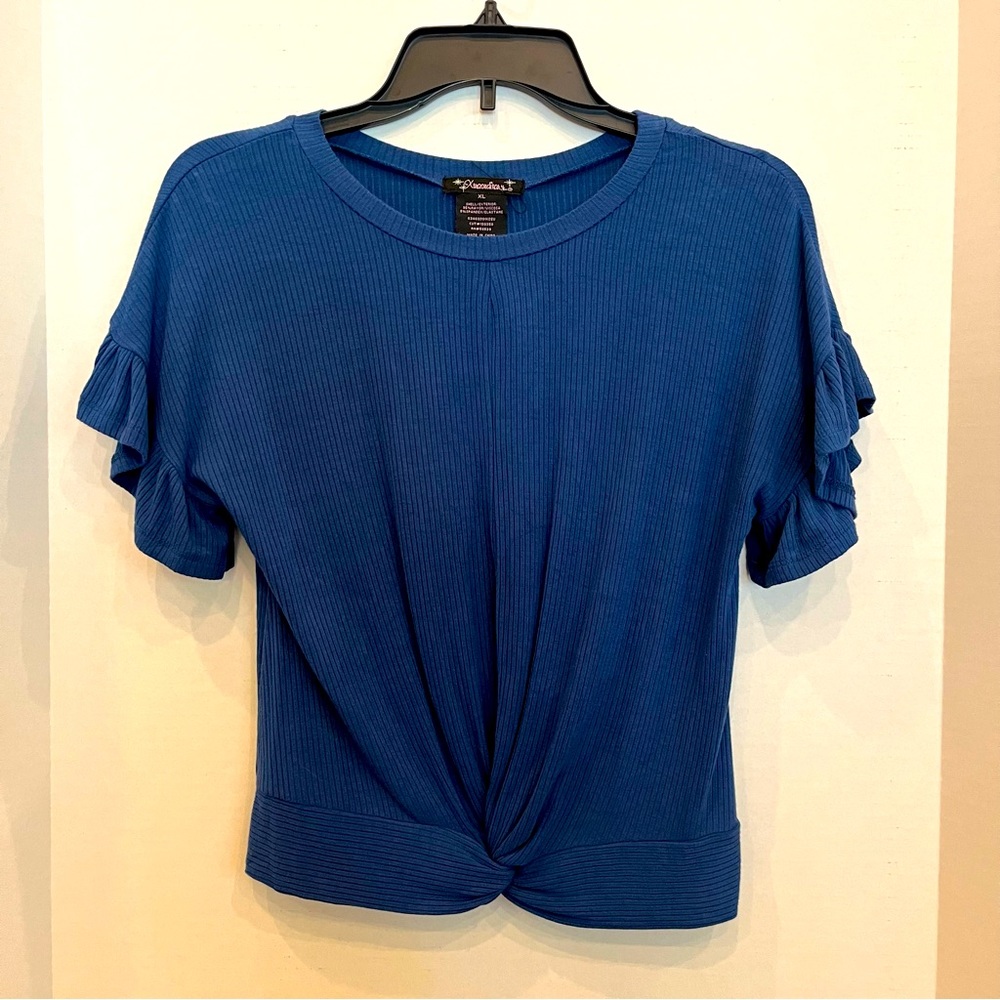 Girls XL ruffle sleeve, ribbed, knotted front top